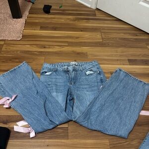 Classic Blue Straight Leg Jeans with Pink Accents